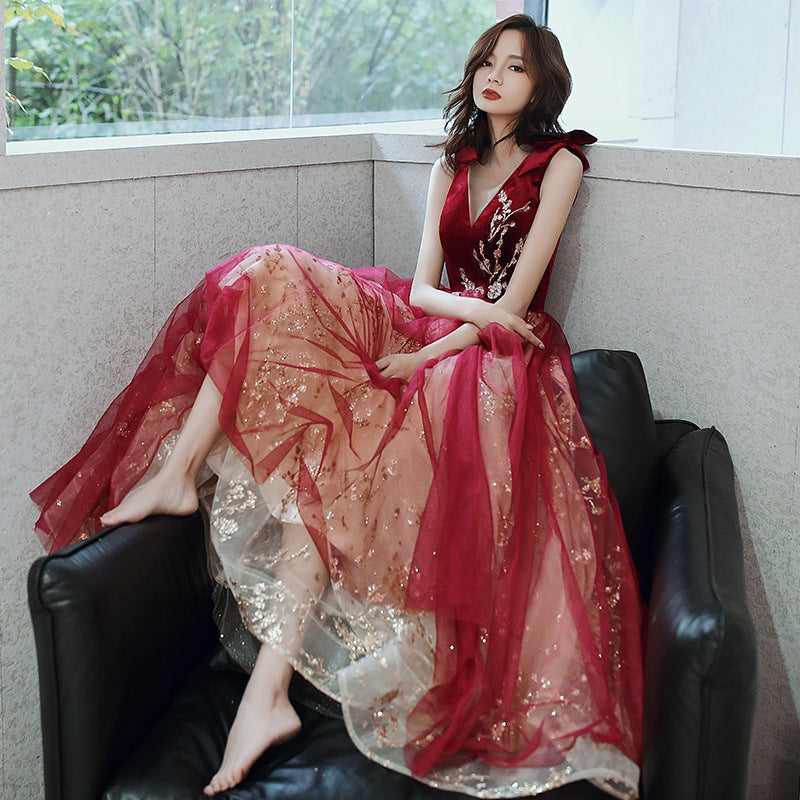 Evening Burgundy Bride Temperament Queen Embroidery V Neck Long Floor Length Ball Dress