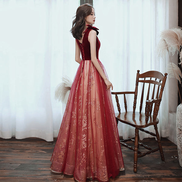 Evening Burgundy Bride Temperament Queen Embroidery V Neck Long Floor Length Ball Dress