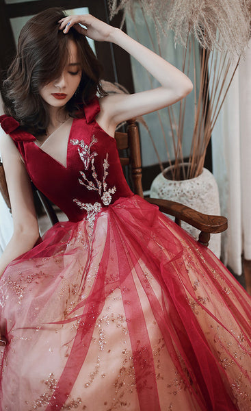 Evening Burgundy Bride Temperament Queen Embroidery V Neck Long Floor Length Ball Dress