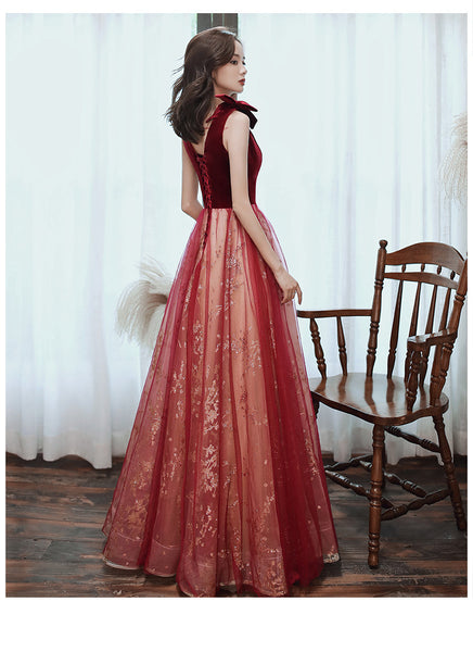 Evening Burgundy Bride Temperament Queen Embroidery V Neck Long Floor Length Ball Dress