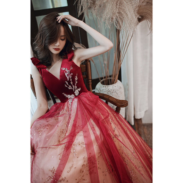 Evening Burgundy Bride Temperament Queen Embroidery V Neck Long Floor Length Ball Dress