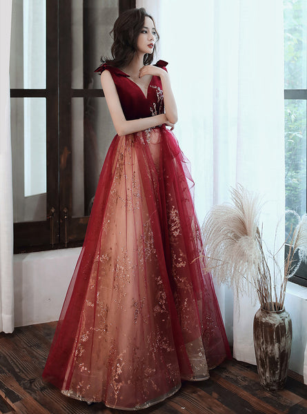 Evening Burgundy Bride Temperament Queen Embroidery V Neck Long Floor Length Ball Dress