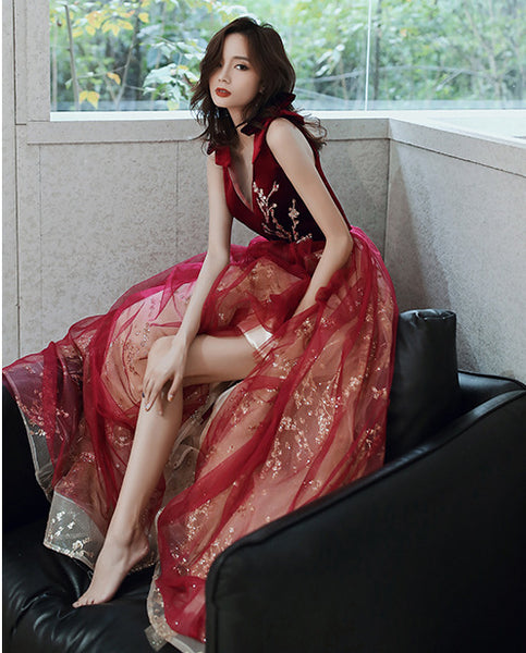 Evening Burgundy Bride Temperament Queen Embroidery V Neck Long Floor Length Ball Dress