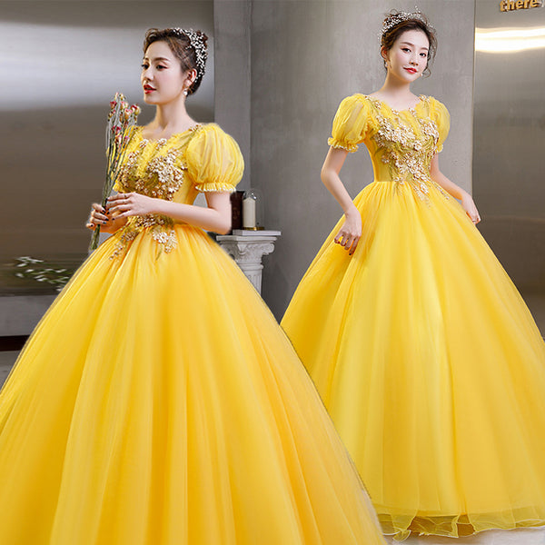 Plus Size Yellow Evening Dress Elegant Banquet Half Sleeve Embroidered Puffy A line Princess Gauze Gown Dress