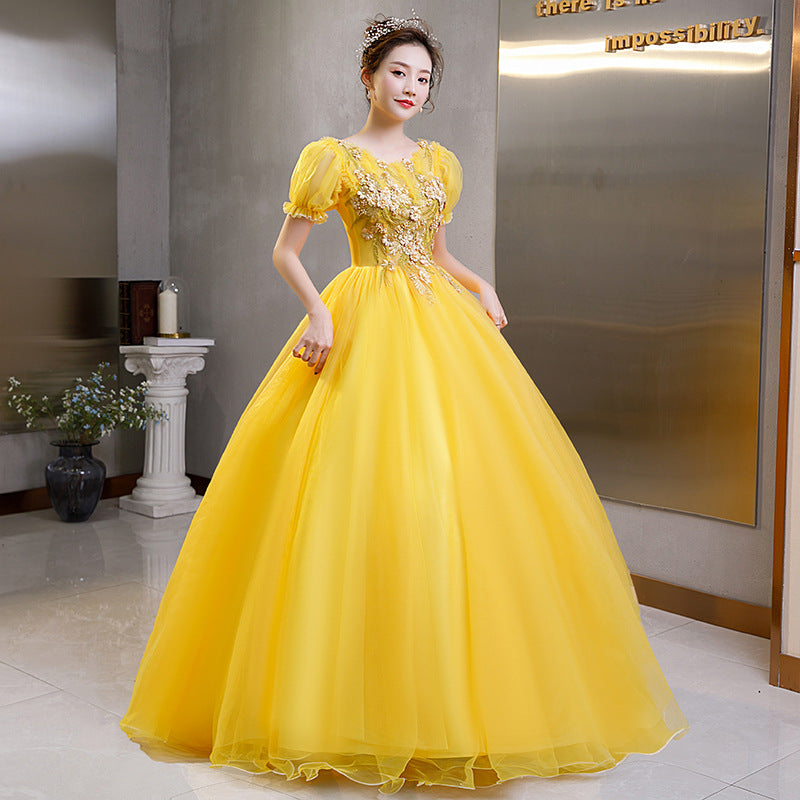 Plus Size Yellow Evening Dress Elegant Banquet Half Sleeve Embroidered Puffy A line Princess Gauze Gown Dress