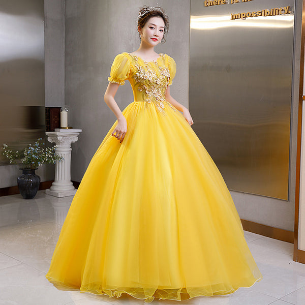 Plus Size Yellow Evening Dress Elegant Banquet Half Sleeve Embroidered Puffy A line Princess Gauze Gown Dress