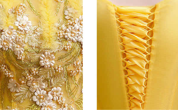 Plus Size Yellow Evening Dress Elegant Banquet Half Sleeve Embroidered Puffy A line Princess Gauze Gown Dress