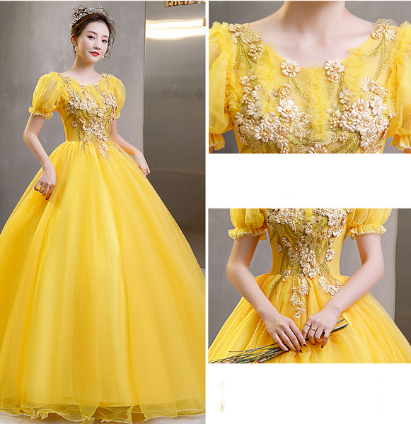 Plus Size Yellow Evening Dress Elegant Banquet Half Sleeve Embroidered Puffy A line Princess Gauze Gown Dress
