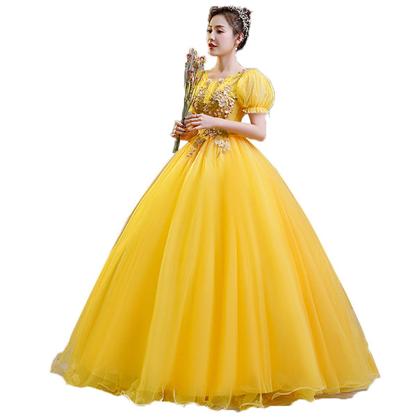 Plus Size Yellow Evening Dress Elegant Banquet Half Sleeve Embroidered Puffy A line Princess Gauze Gown Dress
