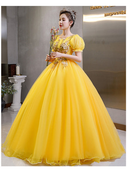 Plus Size Yellow Evening Dress Elegant Banquet Half Sleeve Embroidered Puffy A line Princess Gauze Gown Dress