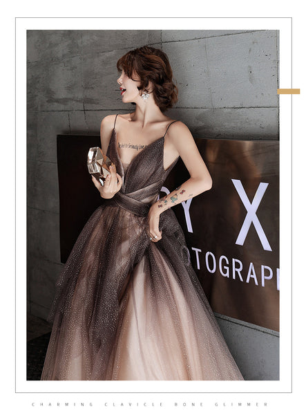 Sexy Khaki Elegant Stylish Temperament Sexy V-Neck Sleeveless Long Formal Tulle Prom Dresses