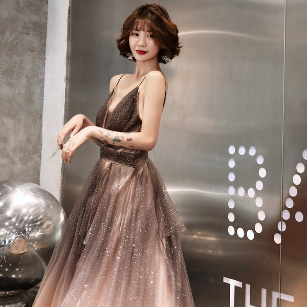 Sexy Khaki Elegant Stylish Temperament Sexy V-Neck Sleeveless Long Formal Tulle Prom Dresses