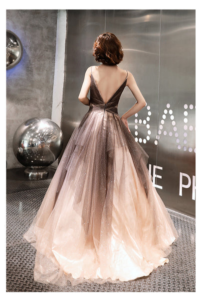 Sexy Khaki Elegant Stylish Temperament Sexy V-Neck Sleeveless Long Formal Tulle Prom Dresses