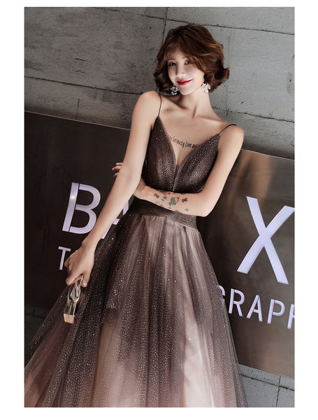 Sexy Khaki Elegant Stylish Temperament Sexy V-Neck Sleeveless Long Formal Tulle Prom Dresses