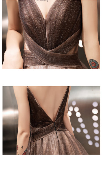 Sexy Khaki Elegant Stylish Temperament Sexy V-Neck Sleeveless Long Formal Tulle Prom Dresses