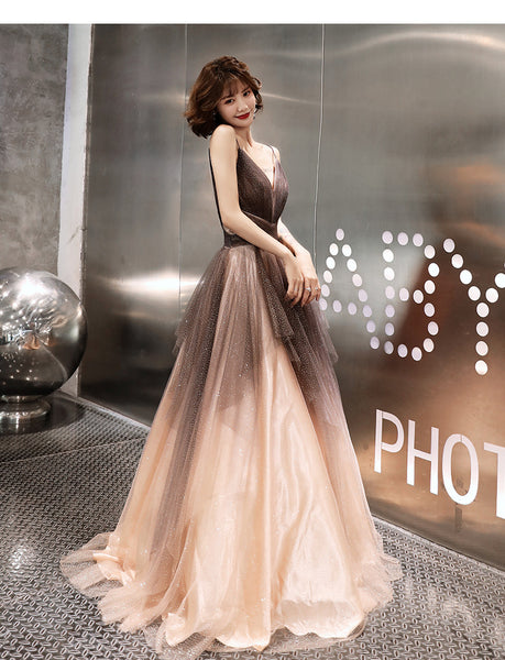 Sexy Khaki Elegant Stylish Temperament Sexy V-Neck Sleeveless Long Formal Tulle Prom Dresses