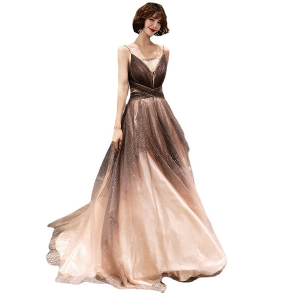 Sexy Khaki Elegant Stylish Temperament Sexy V-Neck Sleeveless Long Formal Tulle Prom Dresses
