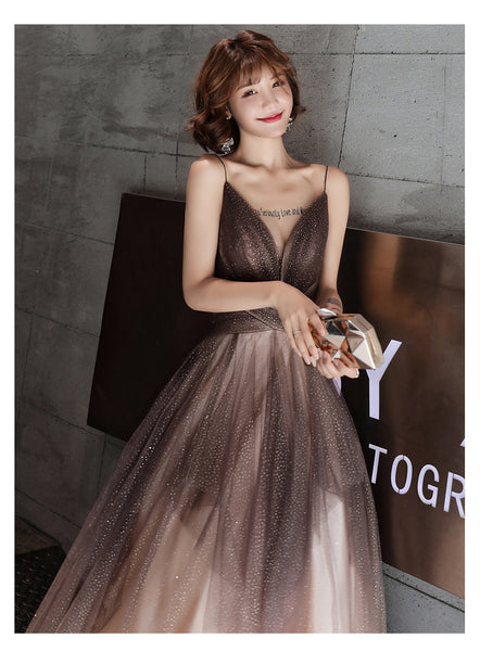Sexy Khaki Elegant Stylish Temperament Sexy V-Neck Sleeveless Long Formal Tulle Prom Dresses