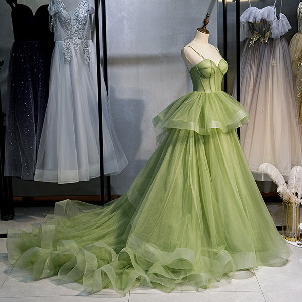 Banquet Trendy Quinceanera Green Evening Ball Temperament Fairy Spaghetti Strap Lady Trailing Big Swing Dress