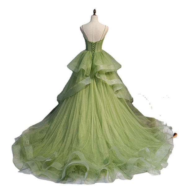 Banquet Trendy Quinceanera Green Evening Ball Temperament Fairy Spaghetti Strap Lady Trailing Big Swing Dress