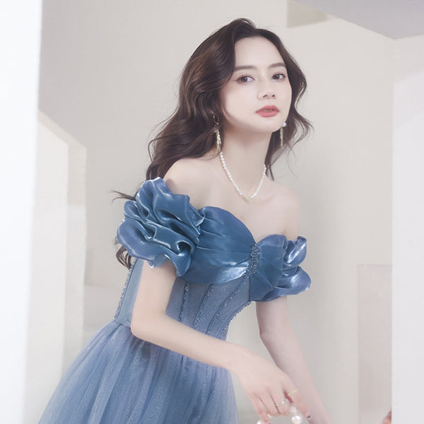 Amazing Summer Blue Off Shoulder Banquet Temperament Evening Long Gown Bridal Party Tulle Dress