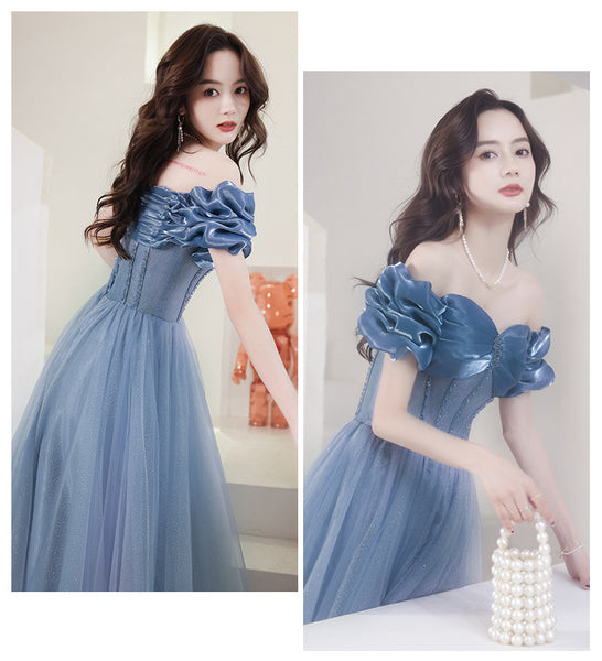Amazing Summer Blue Off Shoulder Banquet Temperament Evening Long Gown Bridal Party Tulle Dress