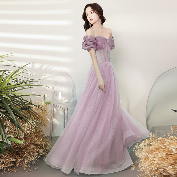 Amazing Summer Blue Off Shoulder Banquet Temperament Evening Long Gown Bridal Party Tulle Dress