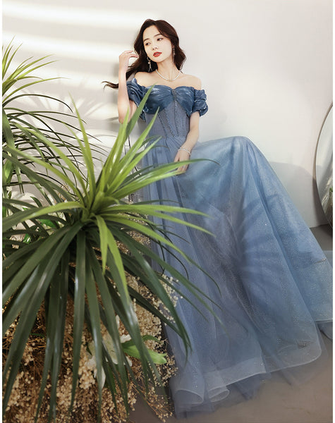 Amazing Summer Blue Off Shoulder Banquet Temperament Evening Long Gown Bridal Party Tulle Dress