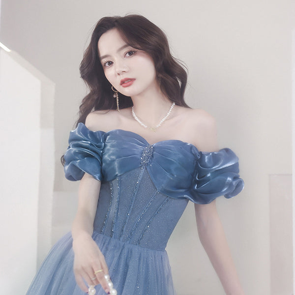 Amazing Summer Blue Off Shoulder Banquet Temperament Evening Long Gown Bridal Party Tulle Dress