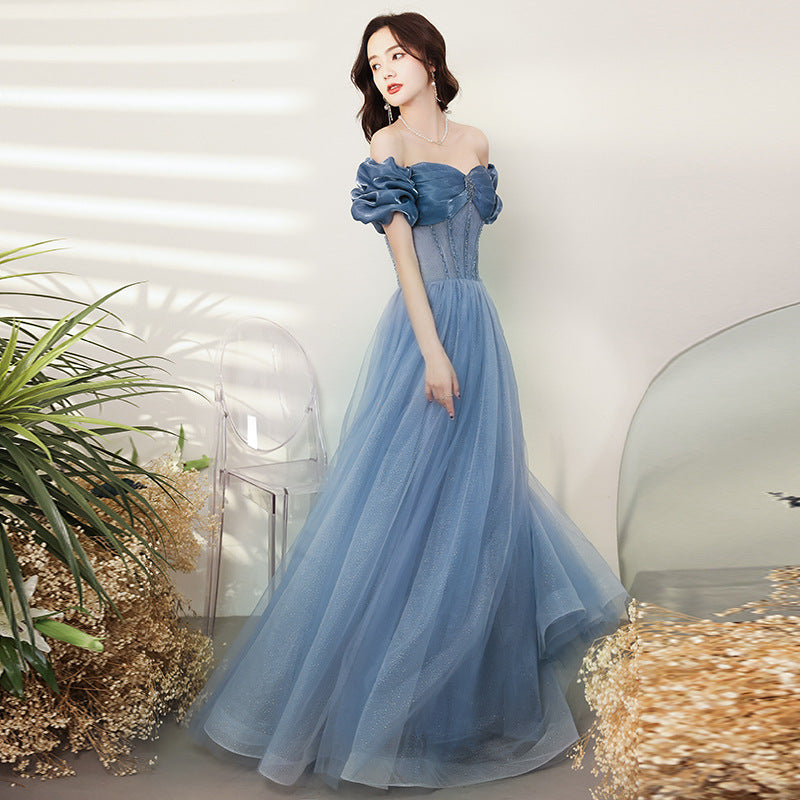 Amazing Summer Blue Off Shoulder Banquet Temperament Evening Long Gown Bridal Party Tulle Dress