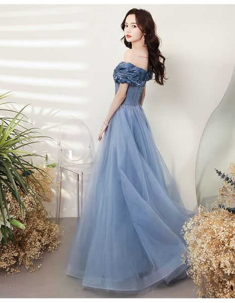 Amazing Summer Blue Off Shoulder Banquet Temperament Evening Long Gown Bridal Party Tulle Dress