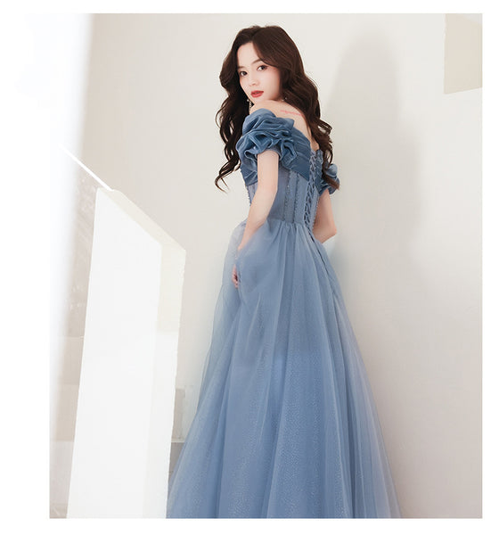 Amazing Summer Blue Off Shoulder Banquet Temperament Evening Long Gown Bridal Party Tulle Dress