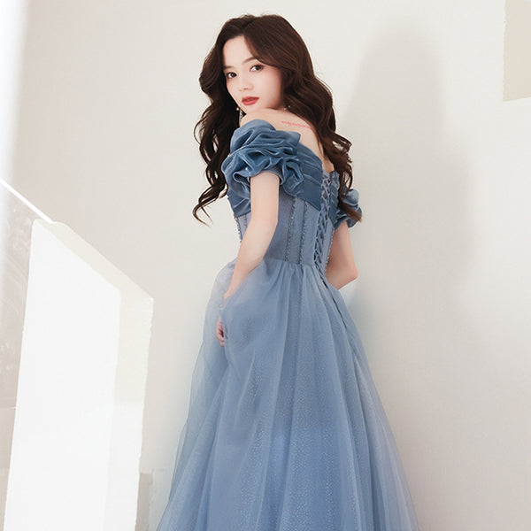 Amazing Summer Blue Off Shoulder Banquet Temperament Evening Long Gown Bridal Party Tulle Dress