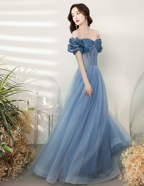 Amazing Summer Blue Off Shoulder Banquet Temperament Evening Long Gown Bridal Party Tulle Dress