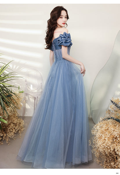 Amazing Summer Blue Off Shoulder Banquet Temperament Evening Long Gown Bridal Party Tulle Dress
