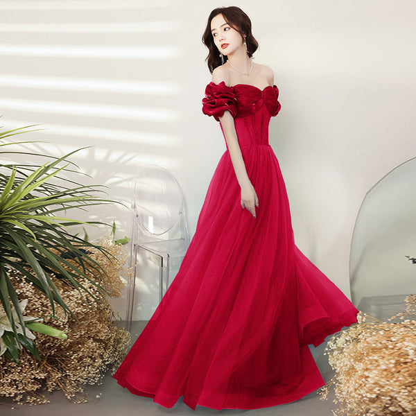 Amazing Summer Blue Off Shoulder Banquet Temperament Evening Long Gown Bridal Party Tulle Dress
