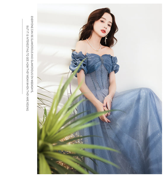 Amazing Summer Blue Off Shoulder Banquet Temperament Evening Long Gown Bridal Party Tulle Dress