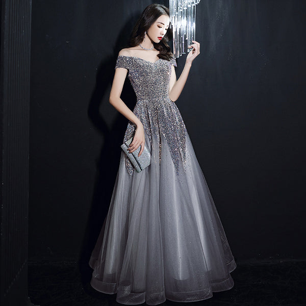 Beautiful Nice Evening dress Banquet Temperament Sequins Off Shoulder Long Party Dress