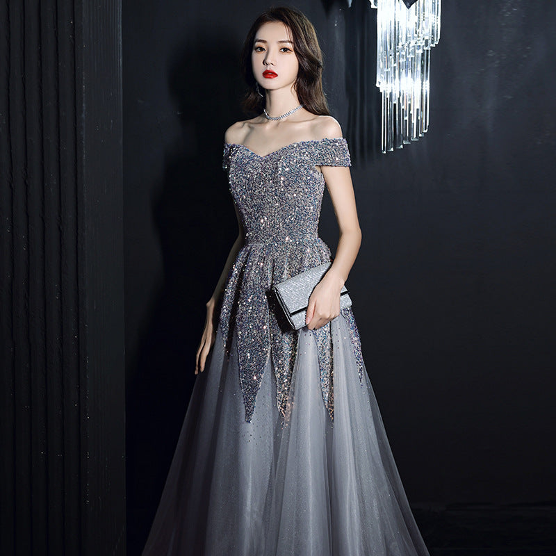 Beautiful Nice Evening dress Banquet Temperament Sequins Off Shoulder Long Party Dress