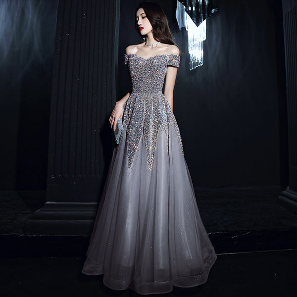 Beautiful Nice Evening dress Banquet Temperament Sequins Off Shoulder Long Party Dress