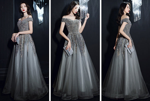 Beautiful Nice Evening dress Banquet Temperament Sequins Off Shoulder Long Party Dress
