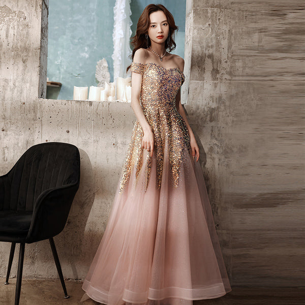 Beautiful Nice Evening dress Banquet Temperament Sequins Off Shoulder Long Party Dress