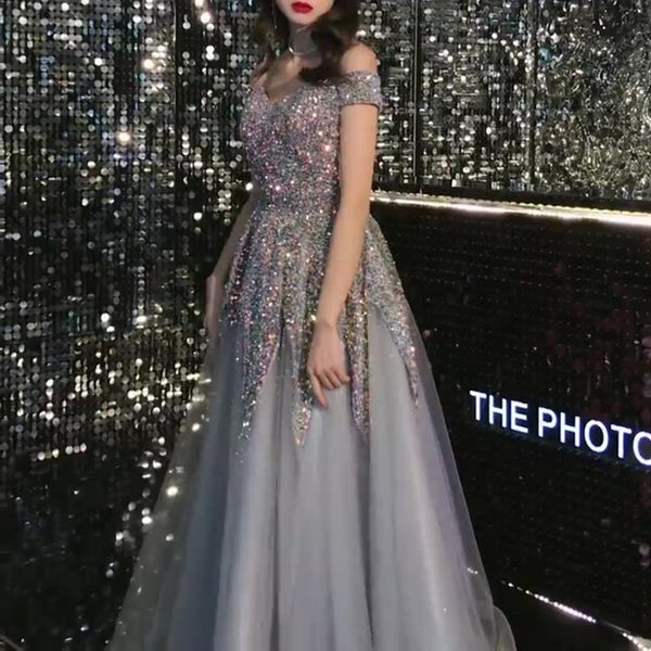 Beautiful Nice Evening dress Banquet Temperament Sequins Off Shoulder Long Party Dress