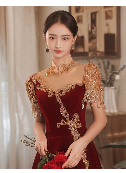 Chic Beautiful Burgundy Princess High Neck Beading Pearl Rhinestone Short Sleeve Velour Evening A-Line Floor Length Party Formal Dresses