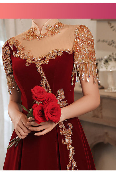 Chic Beautiful Burgundy Princess High Neck Beading Pearl Rhinestone Short Sleeve Velour Evening A-Line Floor Length Party Formal Dresses