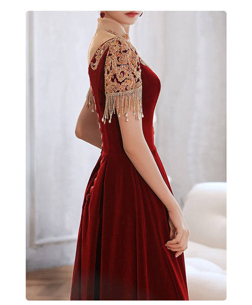 Chic Beautiful Burgundy Princess High Neck Beading Pearl Rhinestone Short Sleeve Velour Evening A-Line Floor Length Party Formal Dresses