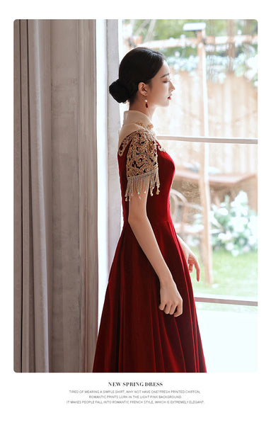 Chic Beautiful Burgundy Princess High Neck Beading Pearl Rhinestone Short Sleeve Velour Evening A-Line Floor Length Party Formal Dresses