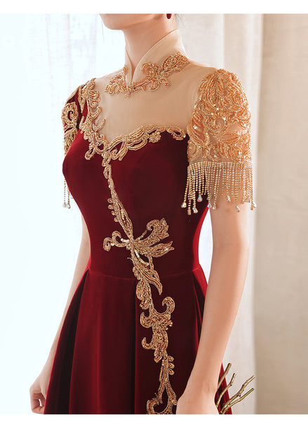 Chic Beautiful Burgundy Princess High Neck Beading Pearl Rhinestone Short Sleeve Velour Evening A-Line Floor Length Party Formal Dresses
