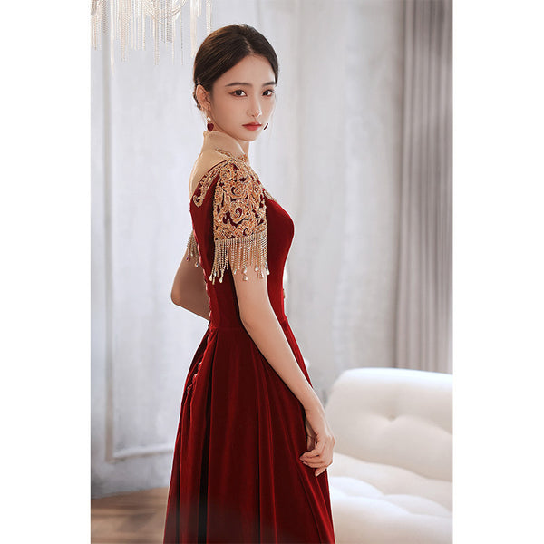 Chic Beautiful Burgundy Princess High Neck Beading Pearl Rhinestone Short Sleeve Velour Evening A-Line Floor Length Party Formal Dresses