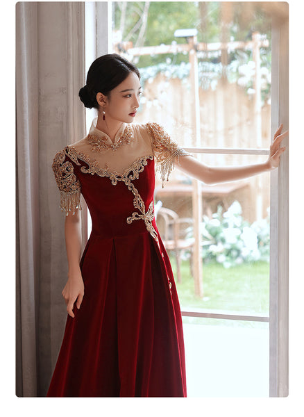 Chic Beautiful Burgundy Princess High Neck Beading Pearl Rhinestone Short Sleeve Velour Evening A-Line Floor Length Party Formal Dresses